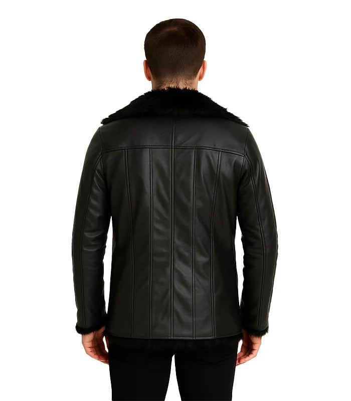 Black leather jacket with fur collar