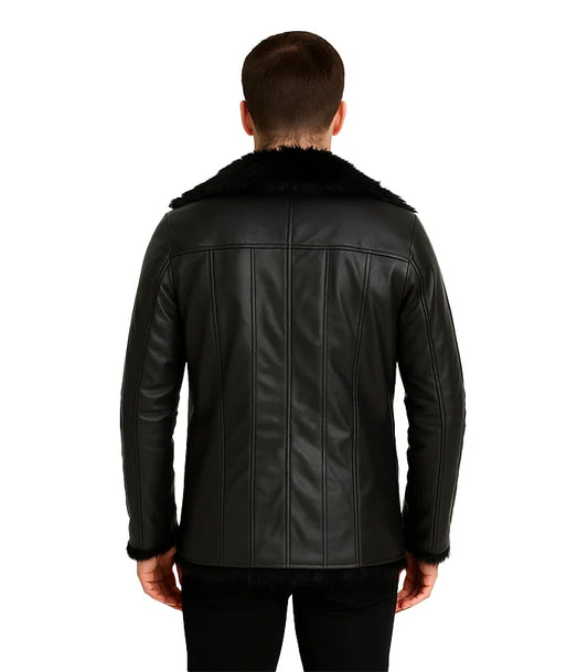 Black leather jacket with fur collar