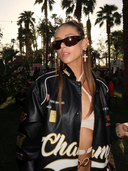 Champs Black Racing Style Leather Jacket