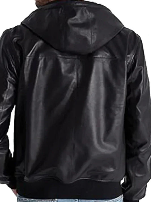 Classic Black Hooded Bomber Leather Jacket