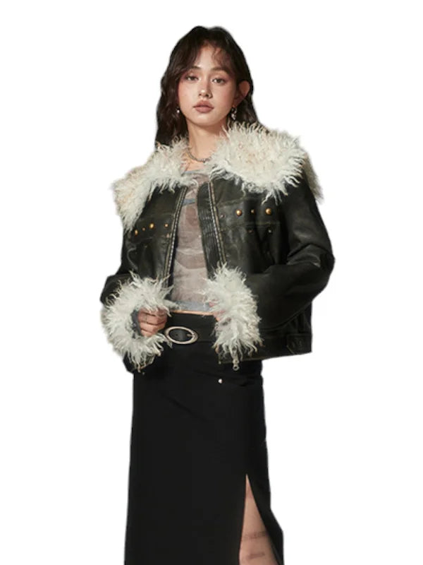 DIDDI MODA Black Leather Jacket With Fur Lapel