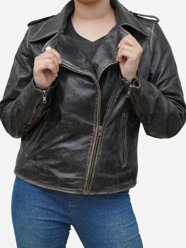 Women's Distressed Black Asymmetric Leather Biker Jacket