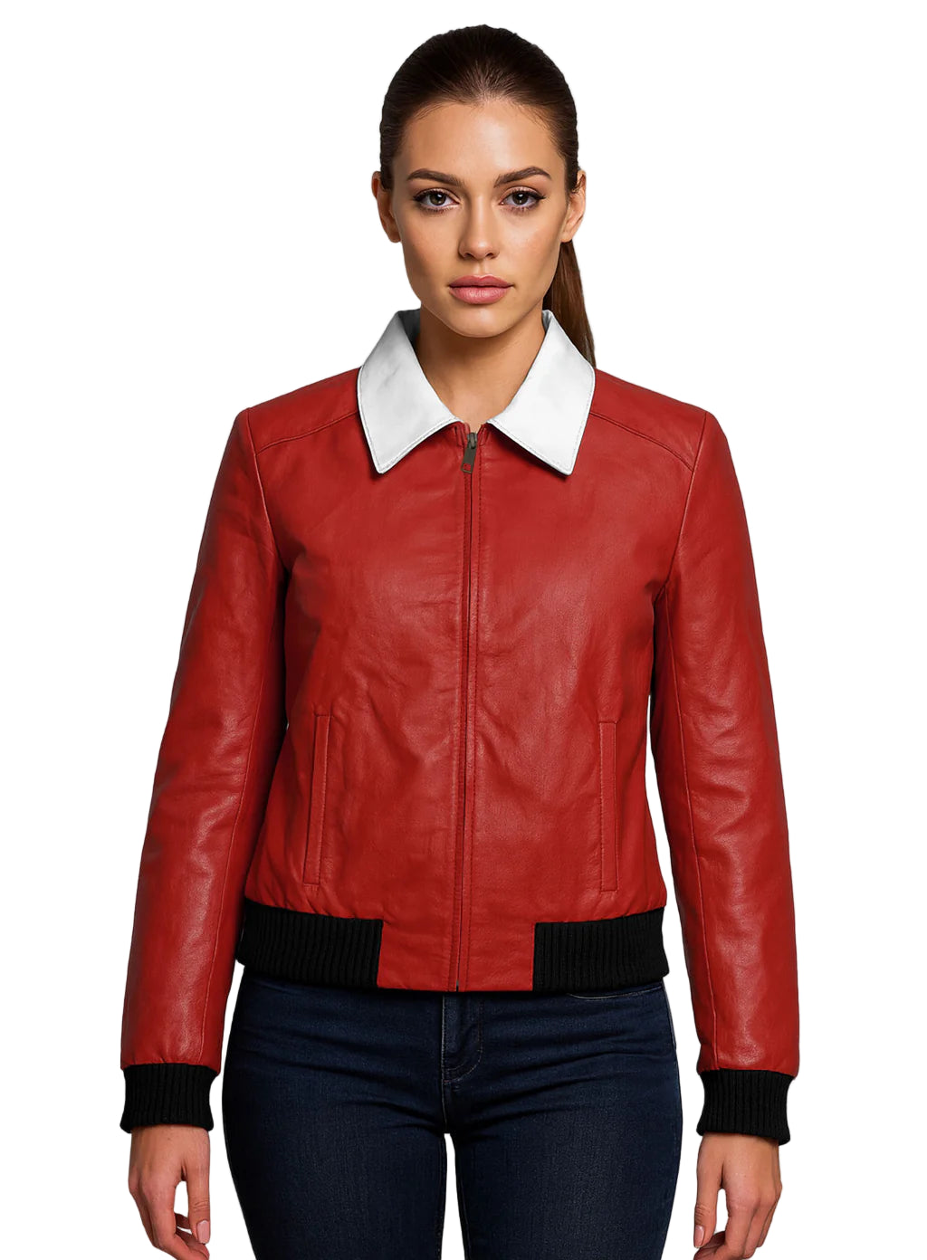 Fashionable Women's Red Bomber Motorcycle Jacket