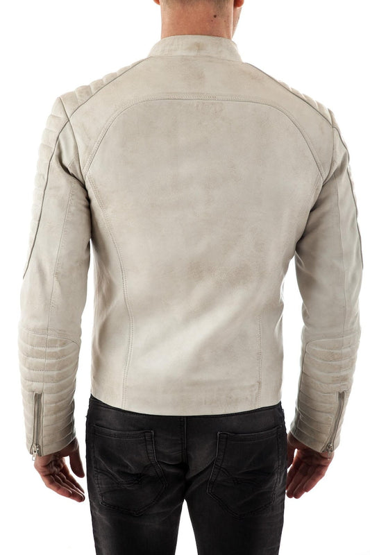 Fiamma Vintage White Leather Biker Jacket