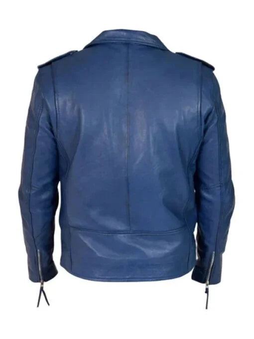 Kain Blue Classic Biker Style Leather Jacket With Belt