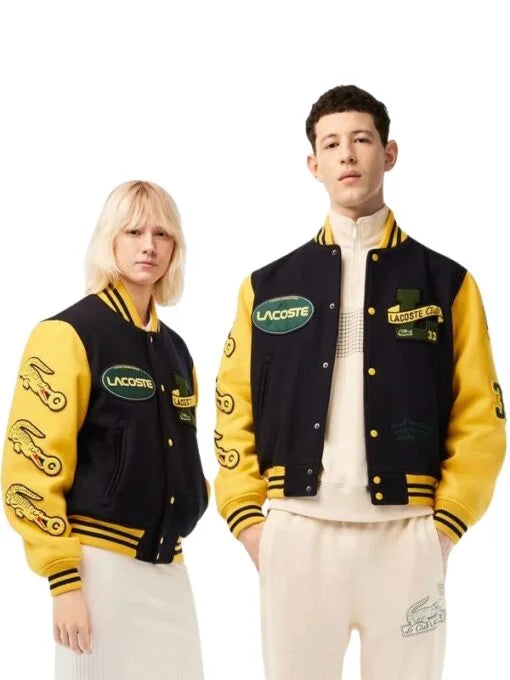 Lacoste Letterman Navy Blue And Yellow Wool Jacket