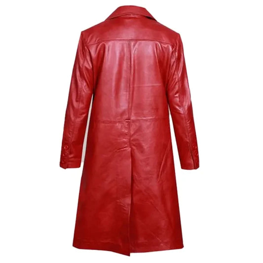 MJ Women's Red Leather Trench Coat