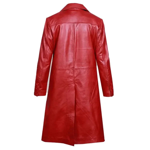 MJ Women's Red Leather Trench Coat