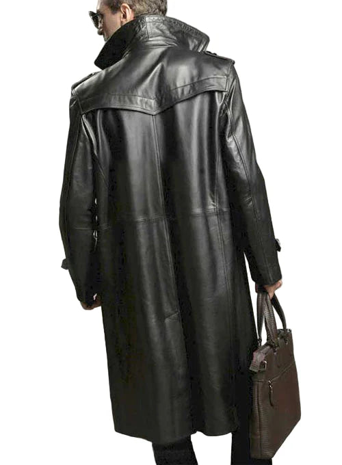 Men's Black Leather Long Trench Coat