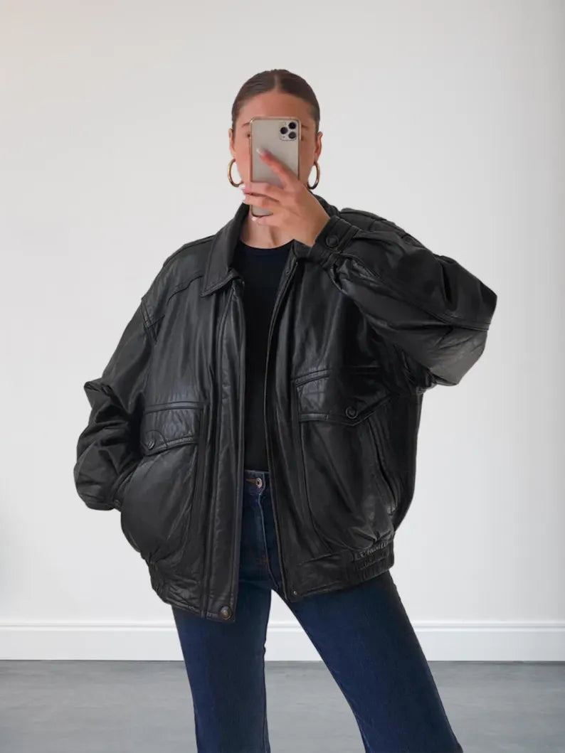 Oversized Black Bomber Leather Jacket