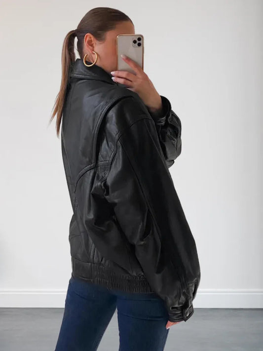 Oversized Black Bomber Leather Jacket