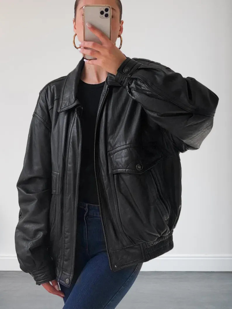 Oversized Black Bomber Leather Jacket