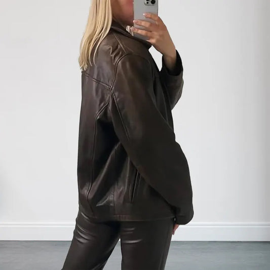 Oversized Straight Brown Leather Jacket
