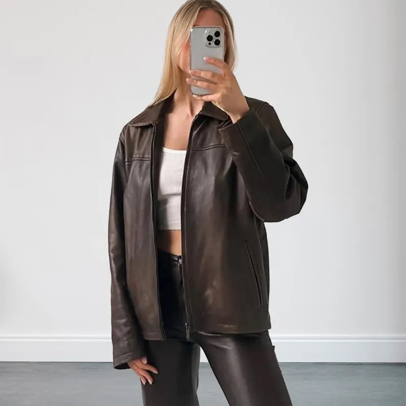 Oversized Straight Brown Leather Jacket