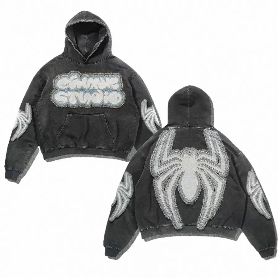 Pullover Vintage Spider Print Hoodie