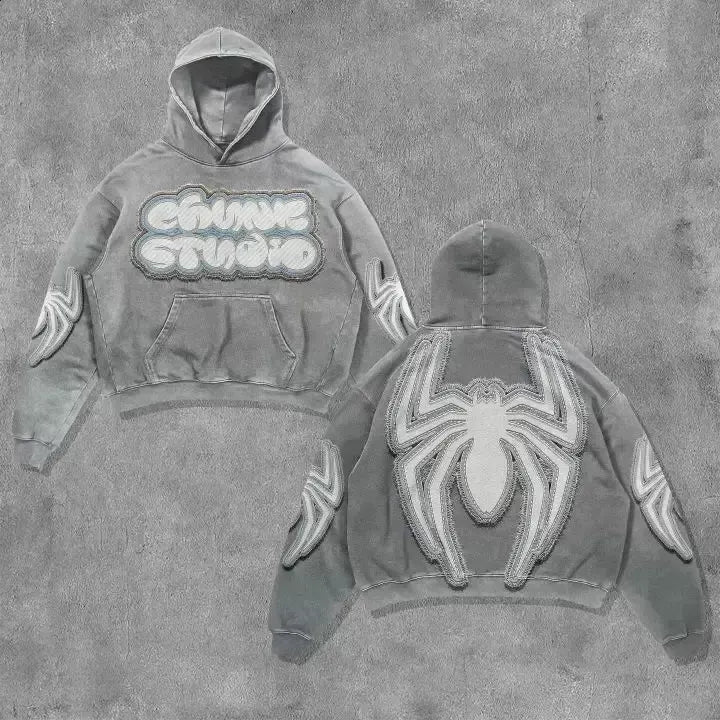 Streetwear Vintage Spider Print Hoodie