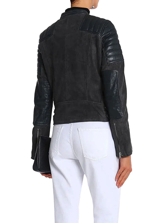 Stylish Grey and Blue Contrast Women's Biker Leather Jacket