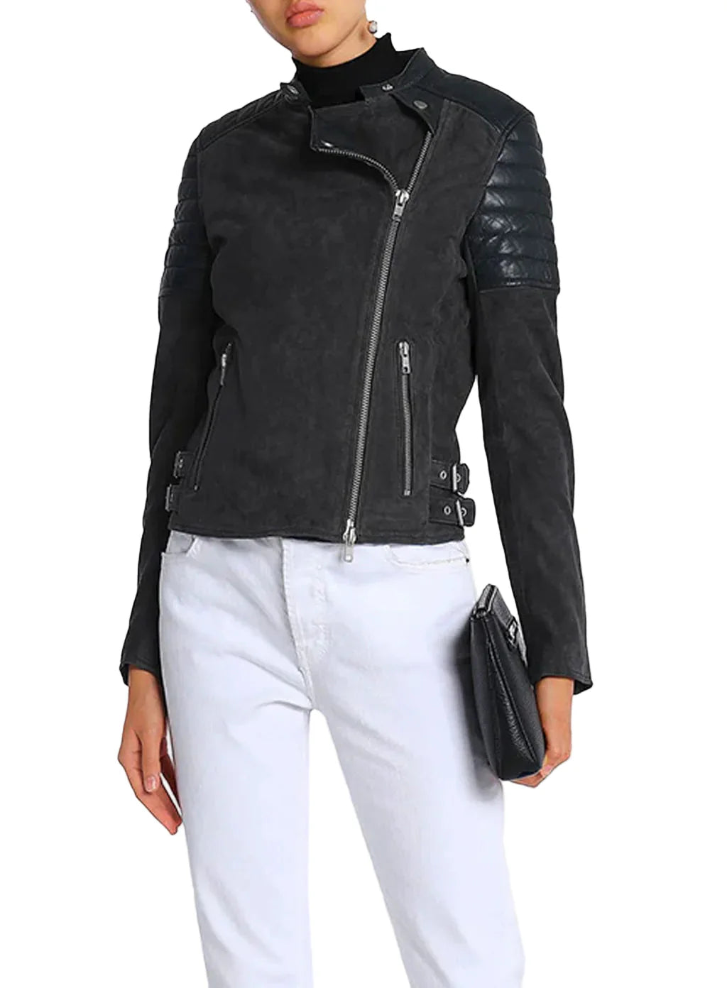 Stylish Grey and Blue Contrast Women's Biker Leather Jacket
