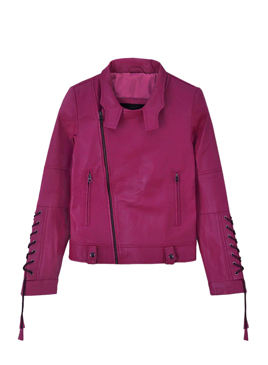 Trendy Pink Leather Jacket with Lace-Up Sleeve Detailing