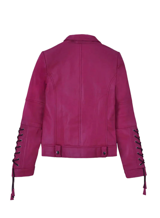 Trendy Pink Leather Jacket with Lace-Up Sleeve Detailing