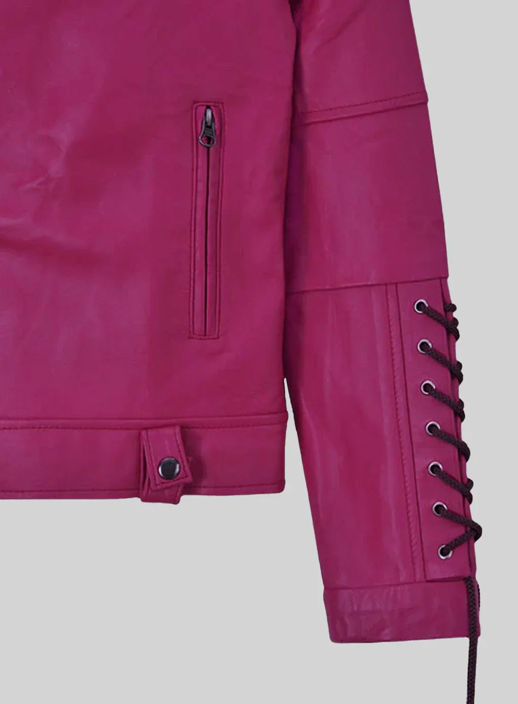 Trendy Pink Leather Jacket with Lace-Up Sleeve Detailing