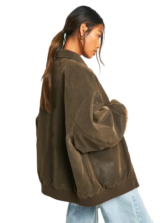 Vintage Look Oversized Leather Bomber Jacket