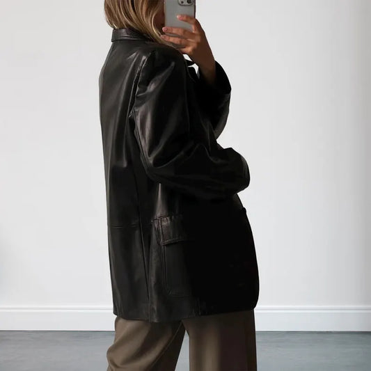 Women Vintage 90s Oversized Black Blazer Leather Coat
