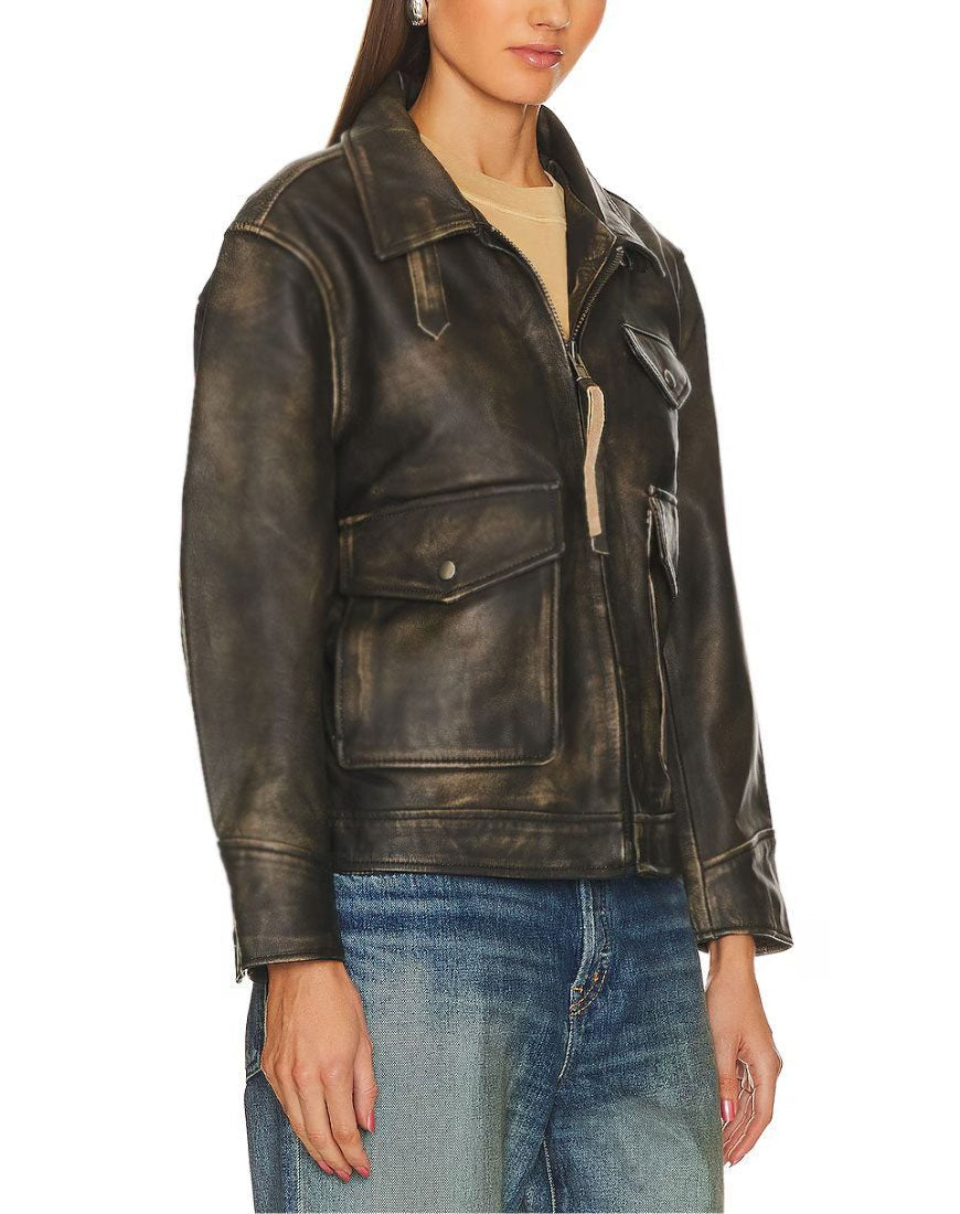 Distressed Brown Oversized Leather Jacket