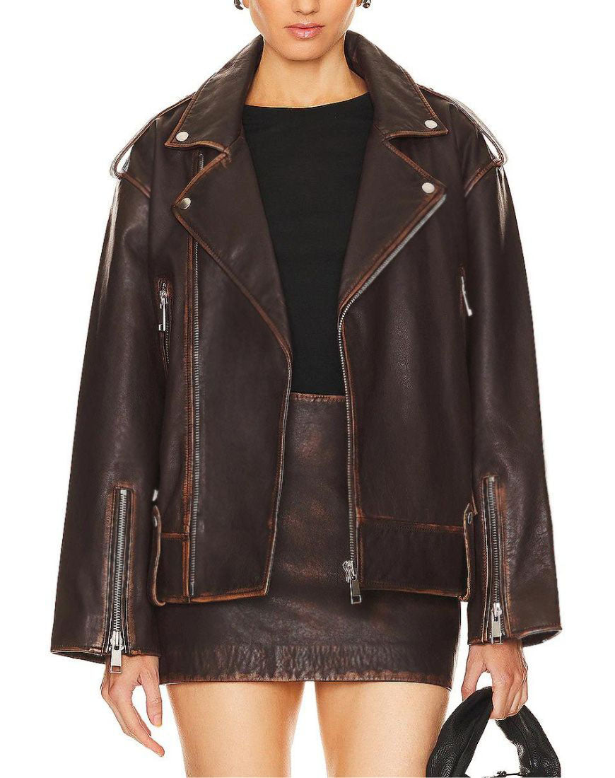 Distressed Brown Oversized Leather Jacket