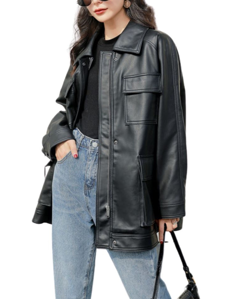 Ella Black Oversized Leather Jacket
