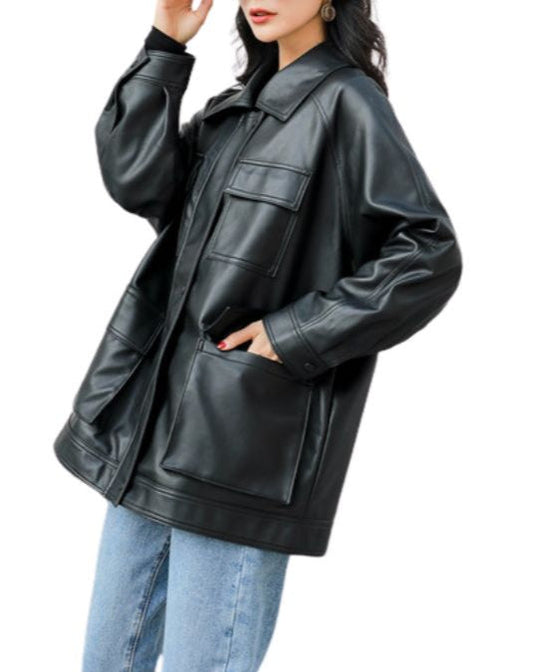 Ella Black Oversized Leather Jacket