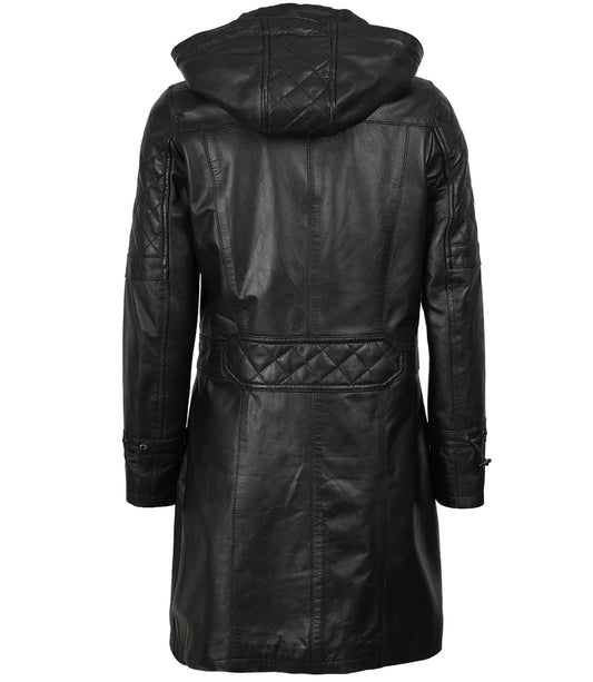 Women's 3/4 Length Black Leather Hooded Coat