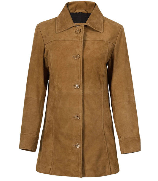 Women's 3/4 Length Button Down Brown Suede Coat