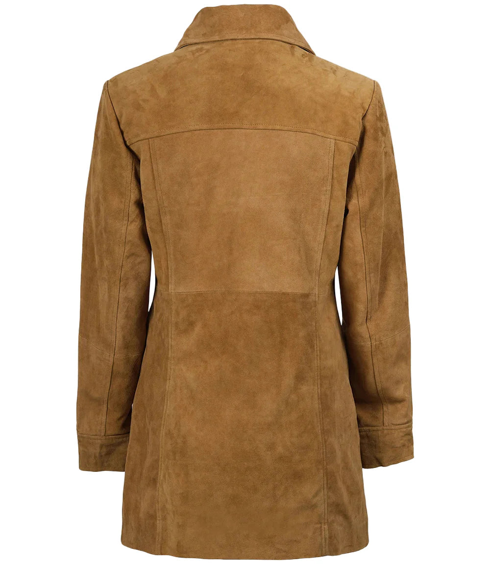 Women's 3/4 Length Button Down Brown Suede Coat
