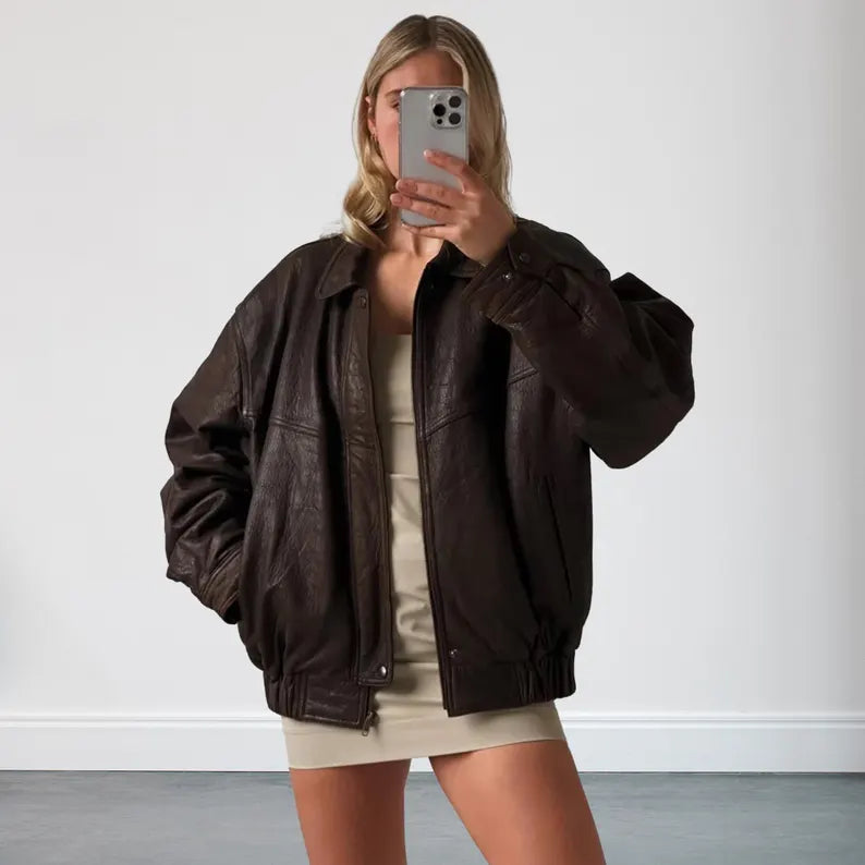 Women's 90s Oversized Brown Vintage Bomber Leather Jacket