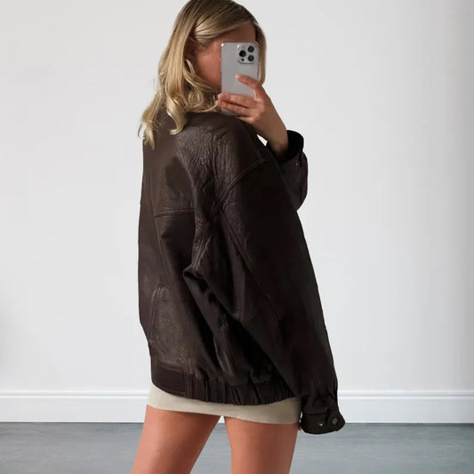 Women's 90s Oversized Brown Vintage Bomber Leather Jacket