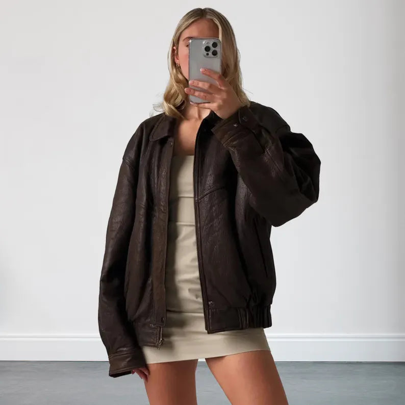 Women's 90s Oversized Brown Vintage Bomber Leather Jacket
