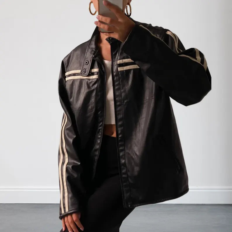 Women's 90s Style Black Oversized Biker Leather Jacket