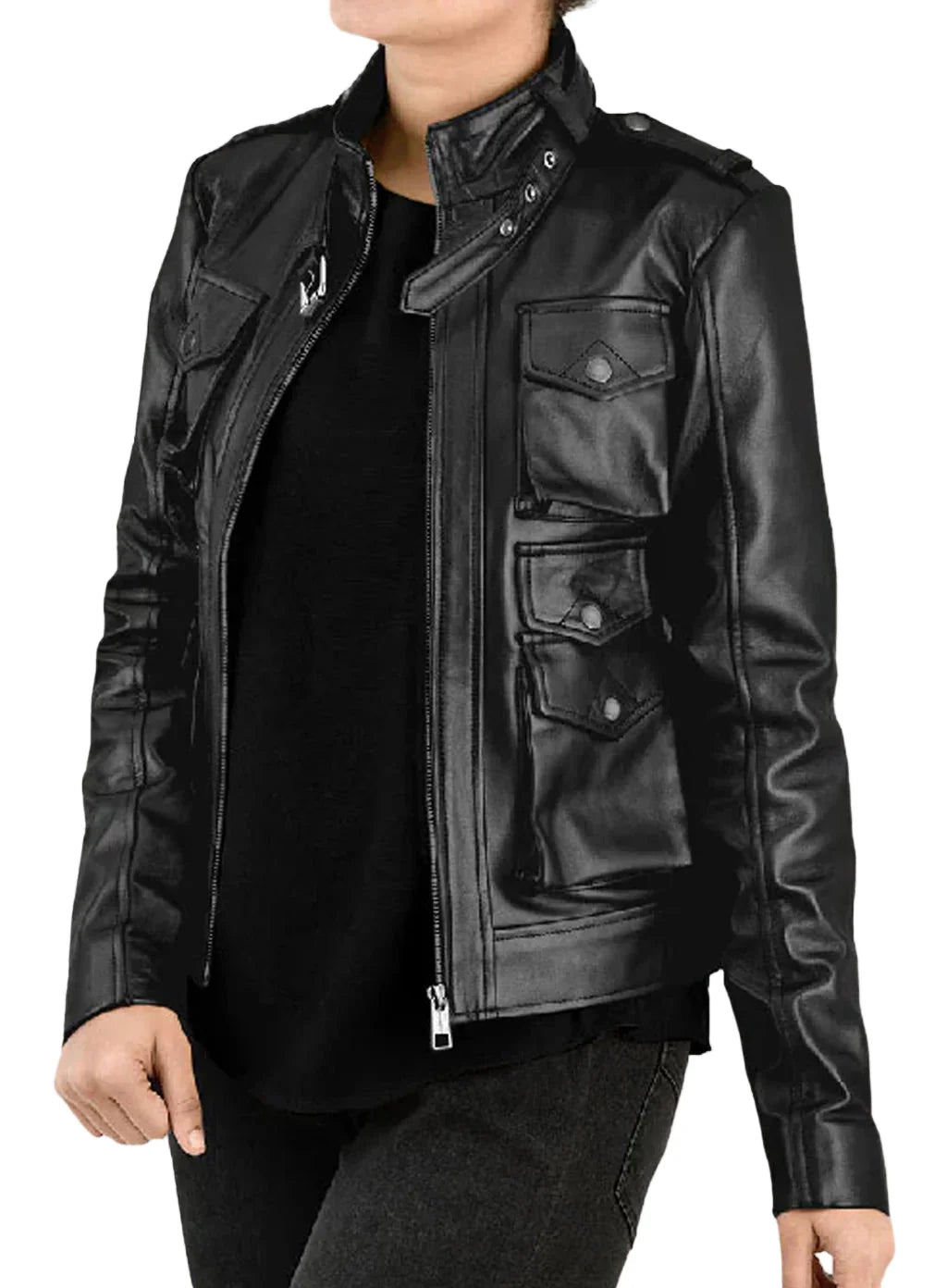 Women's Biker Leather Jacket with Multiple Pockets