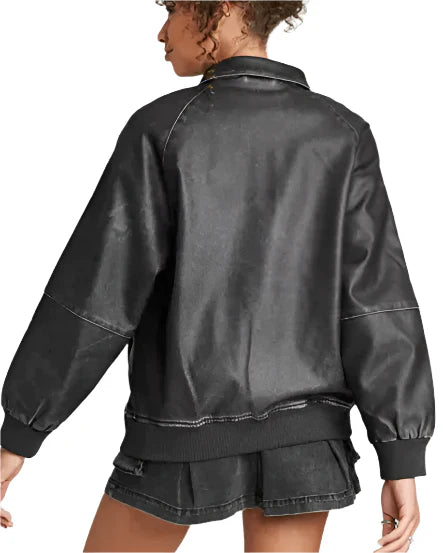 Women's Black Distressed Bomber Leather Jacket