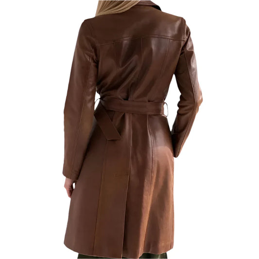 Women's Brown Genuine Soft Leather Long Overcoat