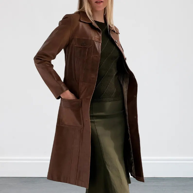 women's brown leather long coat
