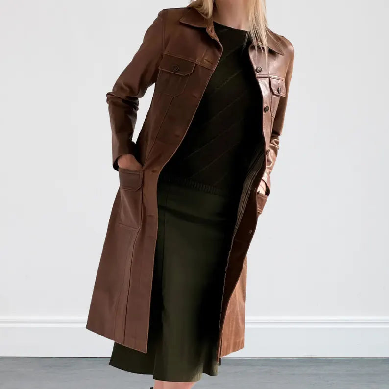 women's brown leather long coat