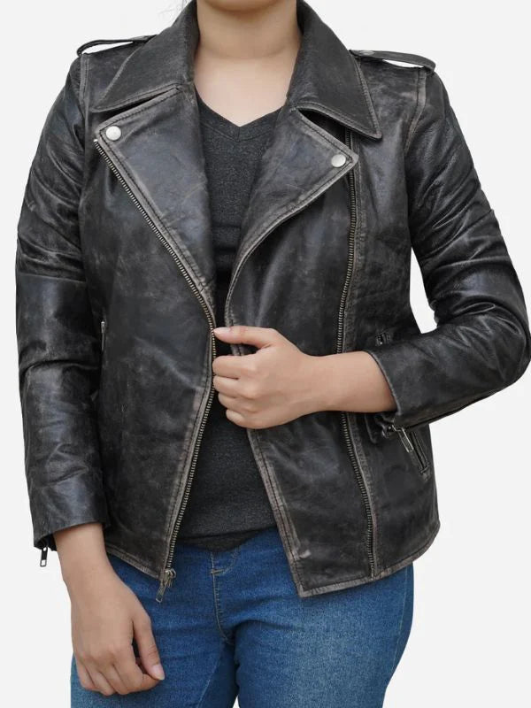 Women's Distressed Black Asymmetric Leather Biker Jacket