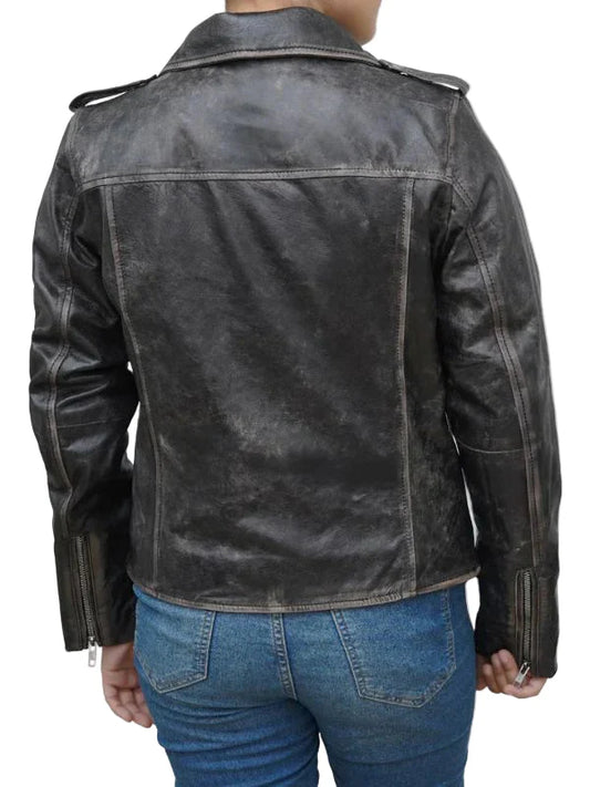 Women's Distressed Black Asymmetric Leather Biker Jacket