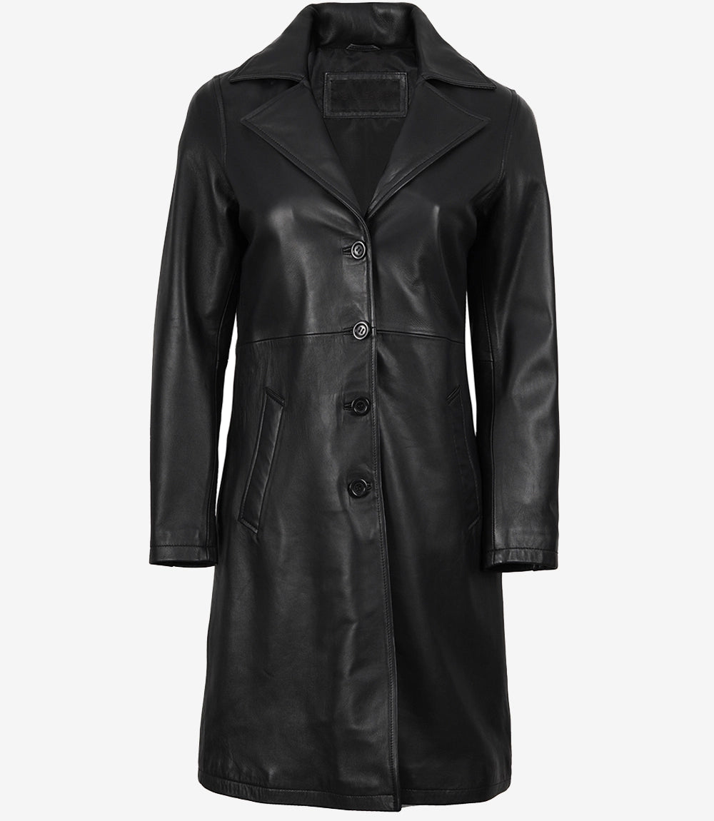 Women's Long Black Leather Car Coat