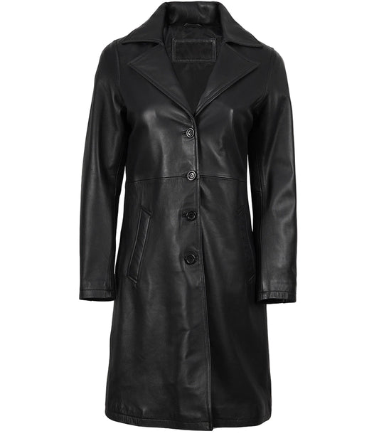 Women's Long Black Leather Car Coat