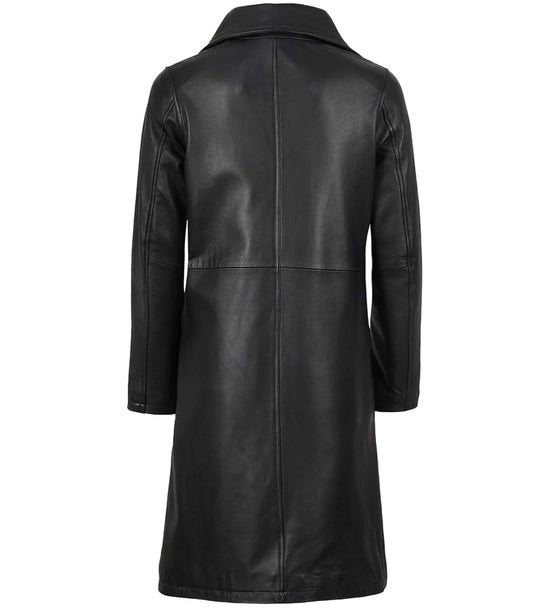 Women's Long Black Leather Car Coat