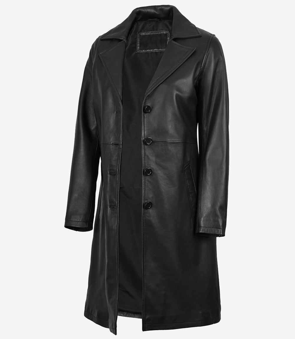 Women's Long Black Leather Car Coat