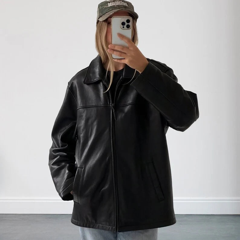 Women's Oversized Black Leather Jacket